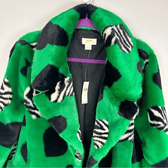 Maeve by Anthropologie Faux Fur Coat Green Black Multi Hearts Sz Medium NWT - Picture 10 of 16